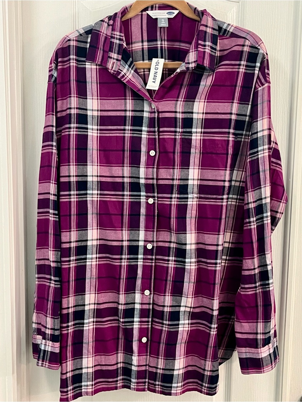 Old Navy Magenta & Light Pink Plaid Button-Up Boyfriend Shirt. XL Tall.